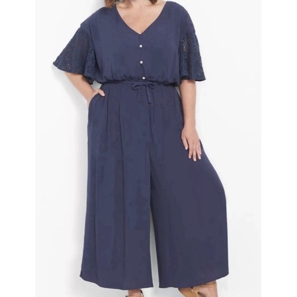 Lane Bryant Jumpsuit NWT 12 Navy One Piece Tie Waist Cottage Boho Lace Sleeve
